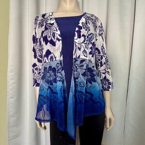 Chico’s Blue White Floral Prianca Cardigan Size 2 (Large 12-14)